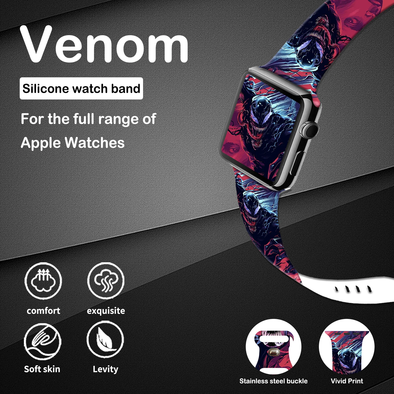 Venom Series Printed Strap for Apple Watch 11 10 9 8 Silicone Band Replaceable Watchband for iWatch 49mm 46mm 44mm 42mm Bracelet
