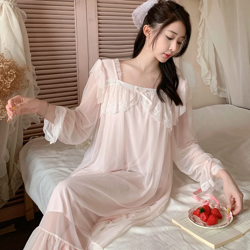 

Women Sweet Modal Nightdress Autumn Mesh Square Collar Night Dress Princess Sleepwear Nightwear Fairy Lace Long Sleeve Nightgown