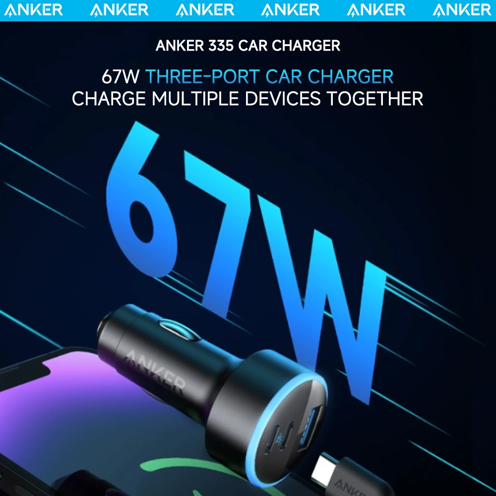 ANKER 67W USB-A Type C Car Charger Super Fast Charger 3 Ports Three-in-one Car Adapter For iPhone iPad MacBooks HUAWEI Android