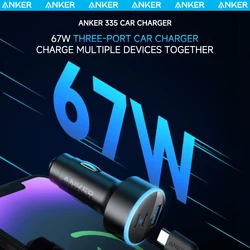 ANKER 67W USB-A Type C Car Charger Super Fast Charger 3 Ports Three-in-one Car Adapter For iPhone iPad MacBooks HUAWEI Android