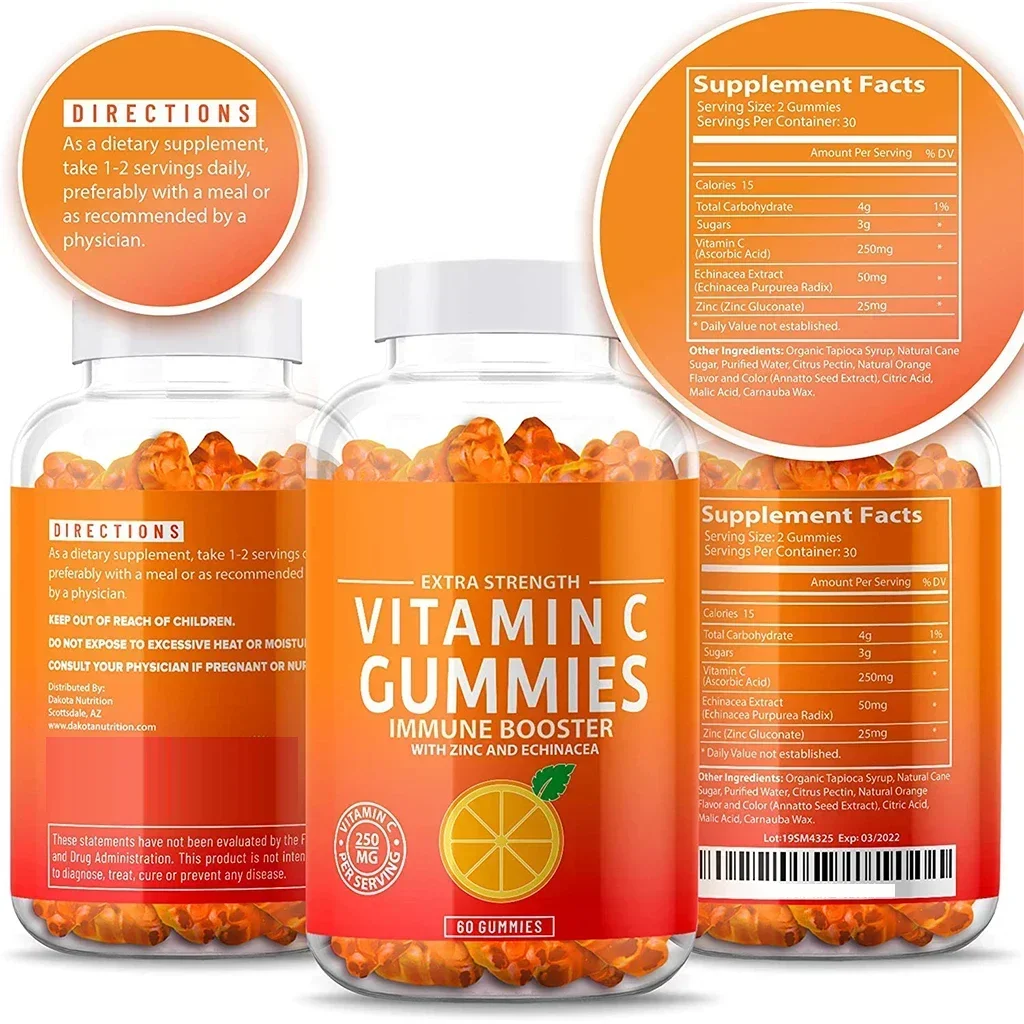 Gommes à la vitamine C, supplément nutritionnel, maintien de la fonction immunitaire, nourrit la peau, favorise la synthèse du collagène, 1 bouteille