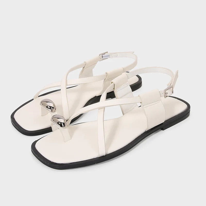 MLZA Spring New Women's Shoes Metal Decorations Fine grained Strip Fashion Flat Sandals Set Toe Square Head Beach Shoes image 6