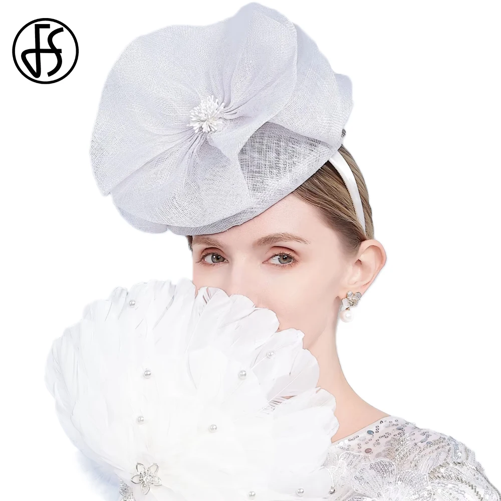 

FS Белый головной убор с большим цветком, винтажные церковные шляпы для чаепития для женщин, роскошная свадебная шляпа-дерби, Chapeau Femme 2025