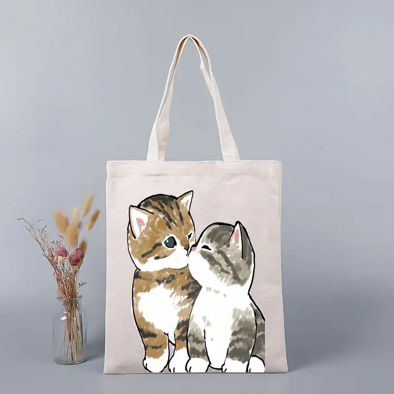 Korean Summer Beach Bags Kiss Cat Print Cute Cartoon Kawaii Shoulder Bag Large Canvas Bags Harajuku Shopper Bag Fashion Casual