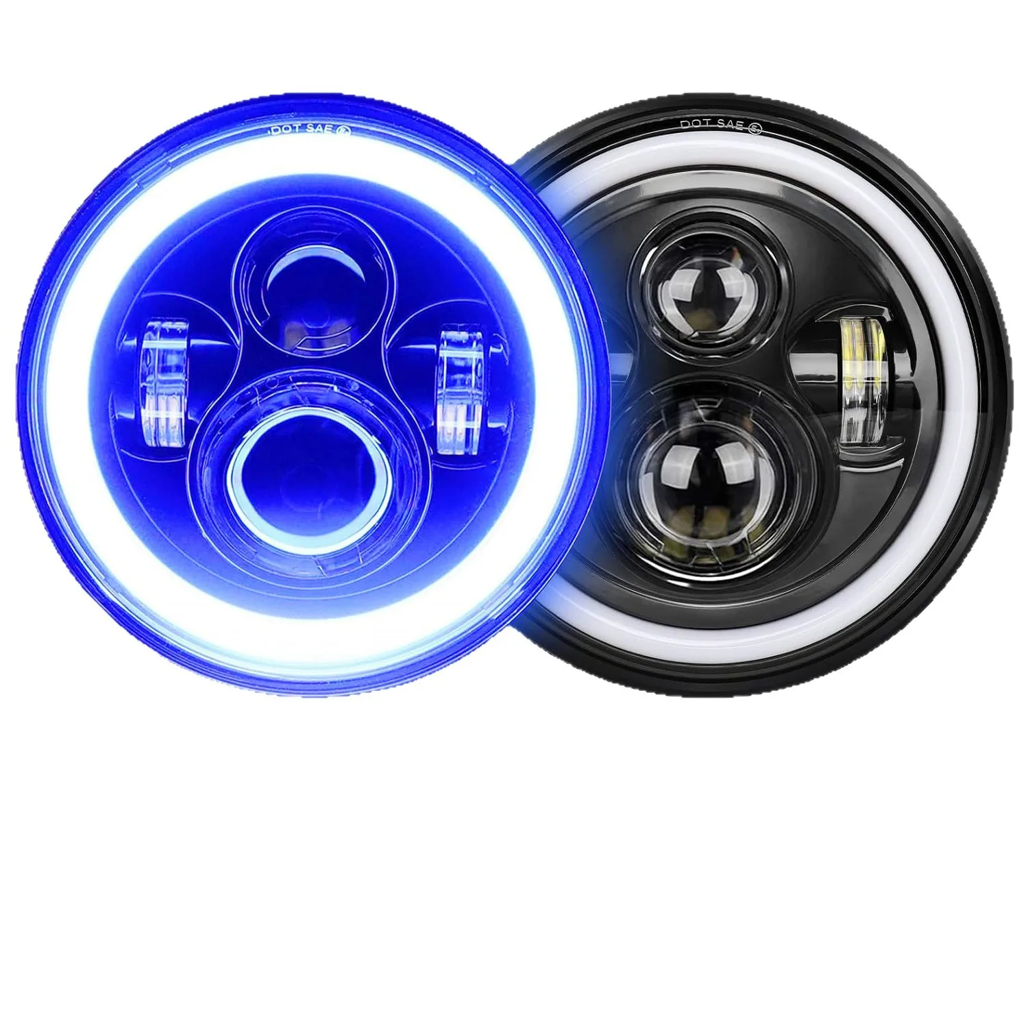 1Pair 7 Inch Round LED Headlamp Assembly Blue Halo Ring White DRL Amber Signal Light for Lada Niva Defender Hummer Truck Offroad