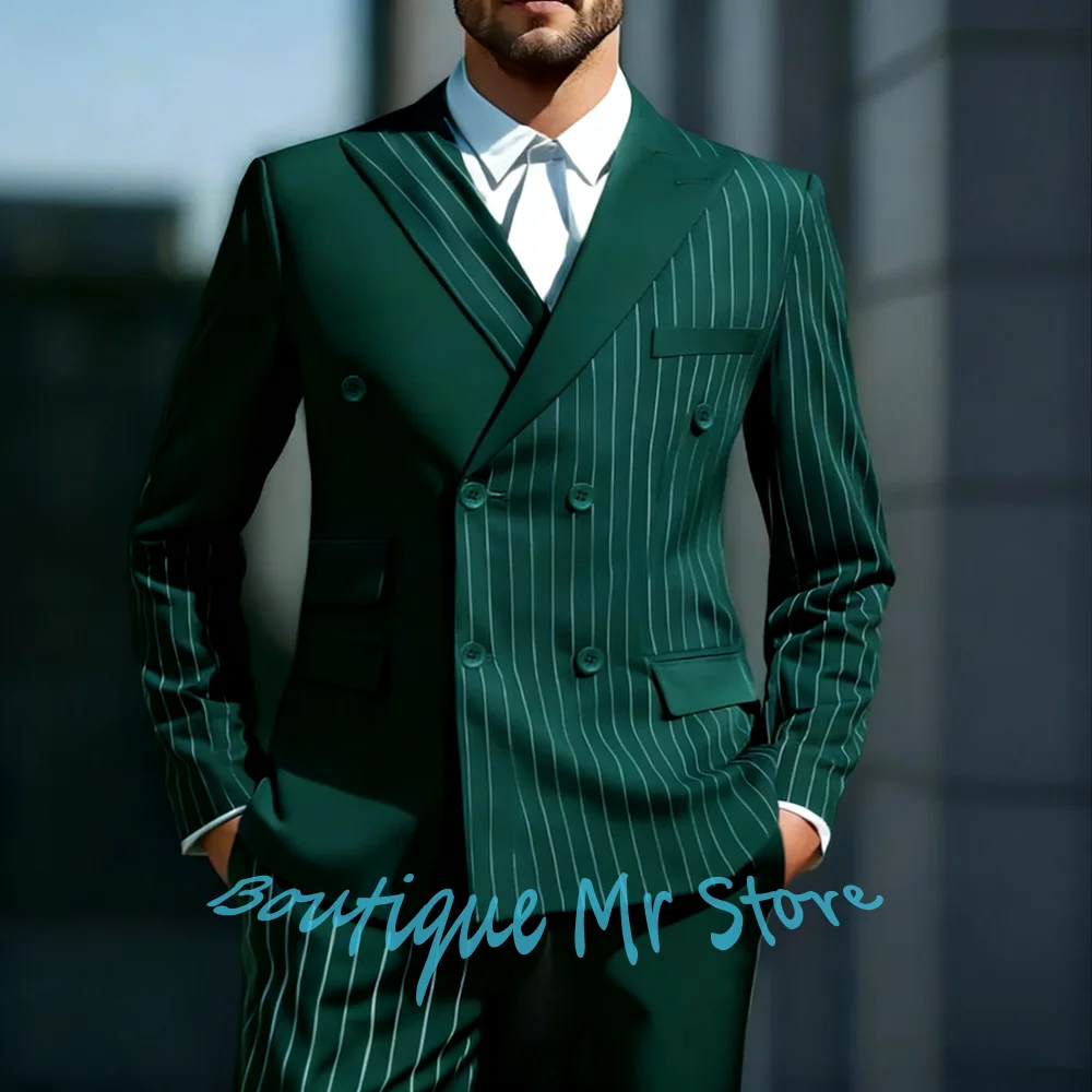 

Glamorous Men's Dark Green Suits Pinstripe Double Breasted Tailored Solid Color Line-Paneled 2Piece Set Business Formal Attire