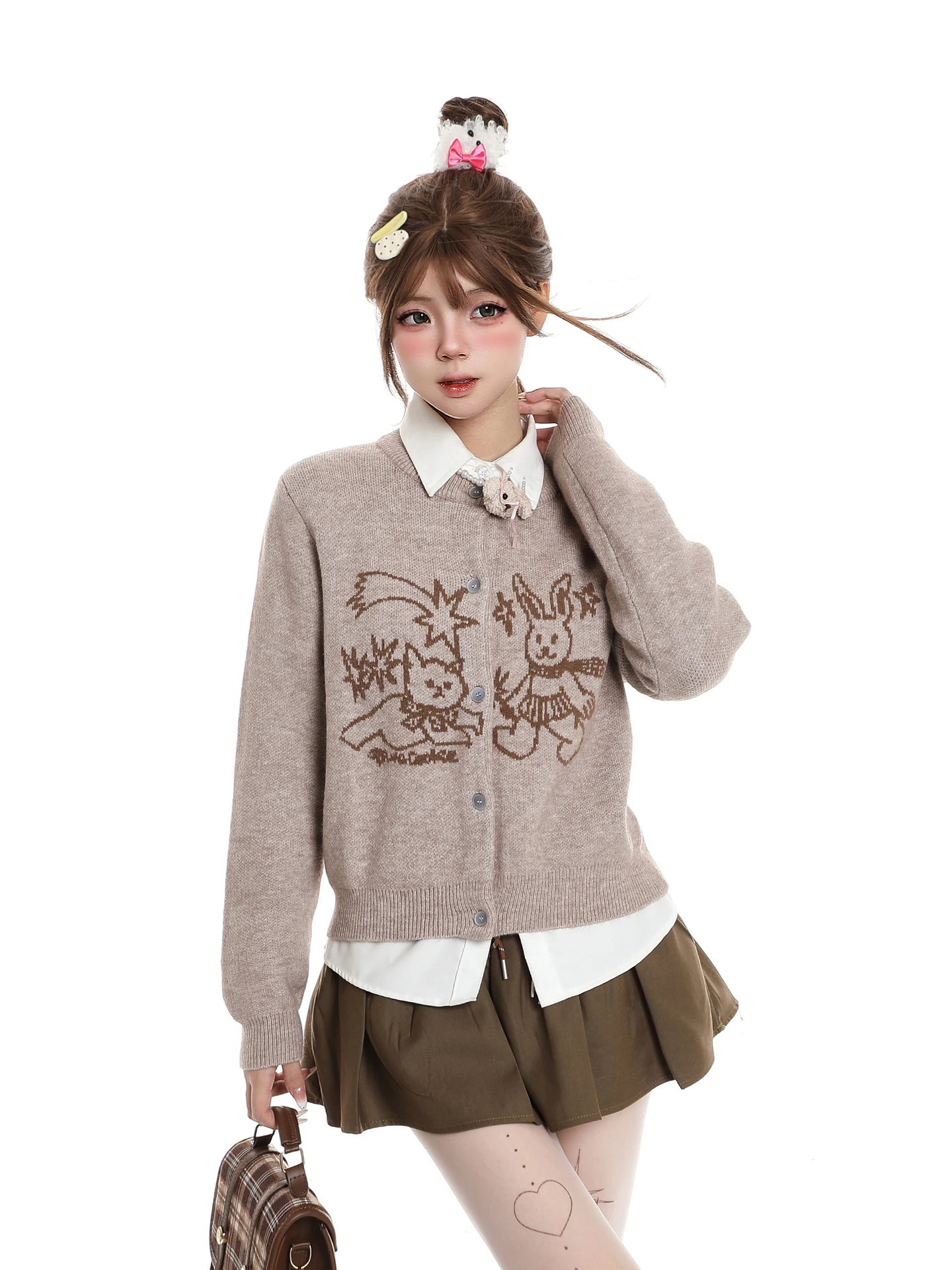 Sweet Cute Cartoon Knitted Open Cardigan Women's Loose Fit Autumn Winter Soft Cozy Versatile Super Harker Sweater Short Jacket