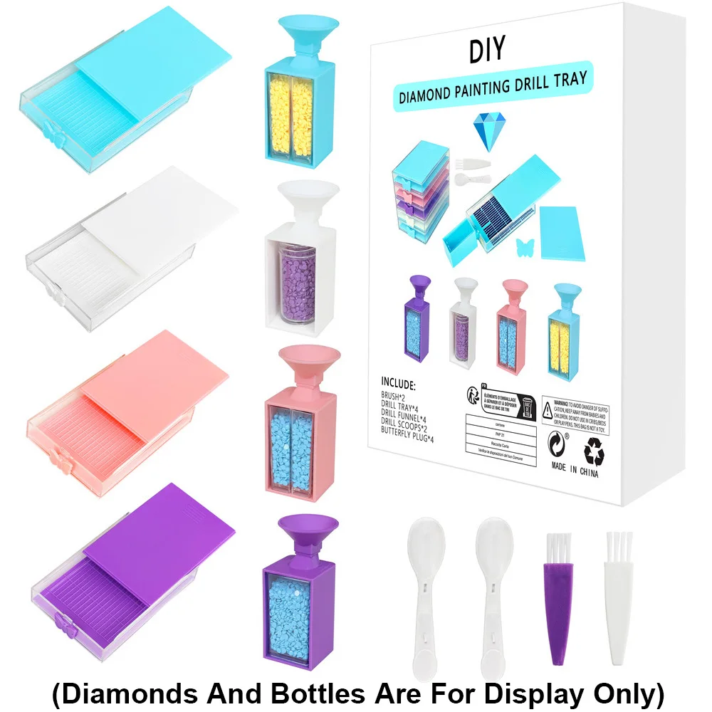 4pcs 5D Diamond Painting Drills Tray with 4pcs Funnel for Storage Container Box, Multifunctional Drill Tray Embroidery Art Tool