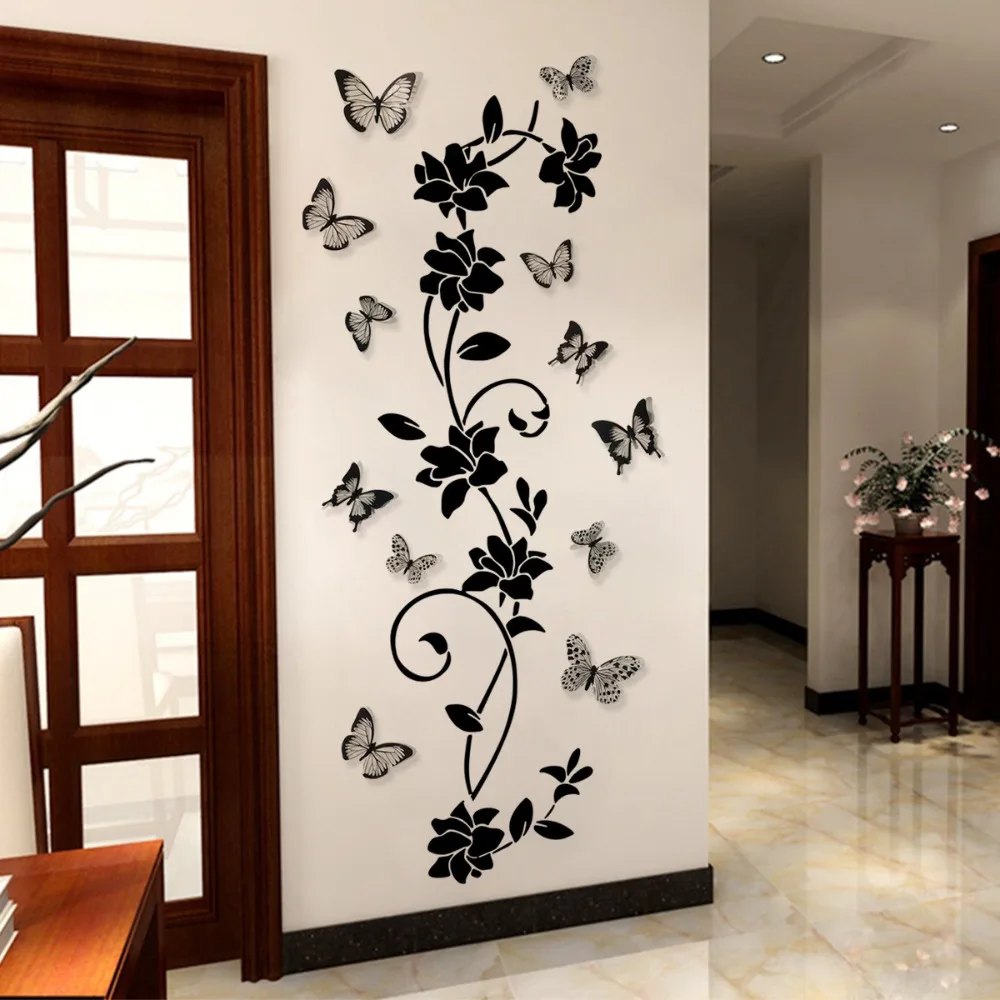 2024 New 3D Butterfly Wall Stickers Black Flower Rattan Living Room Background Room Wall Stickers Dark Style 38*43cm Home Decor