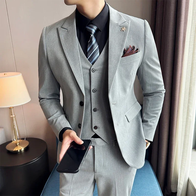 LIBIELIY 2025 High Quality Fashion Handsome (suit + Vest + Trousers) Solid Color Casual Trend Business Wedding Three-piece Set