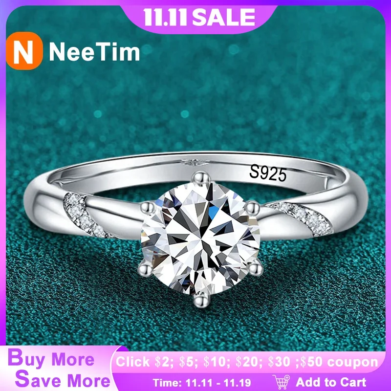 

NeeTim 1ct - 3ct Moissanite Ring 925 Sterling Silver with Gold Plated Diamond Engagement Wedding Band Fine Jewelry For Women