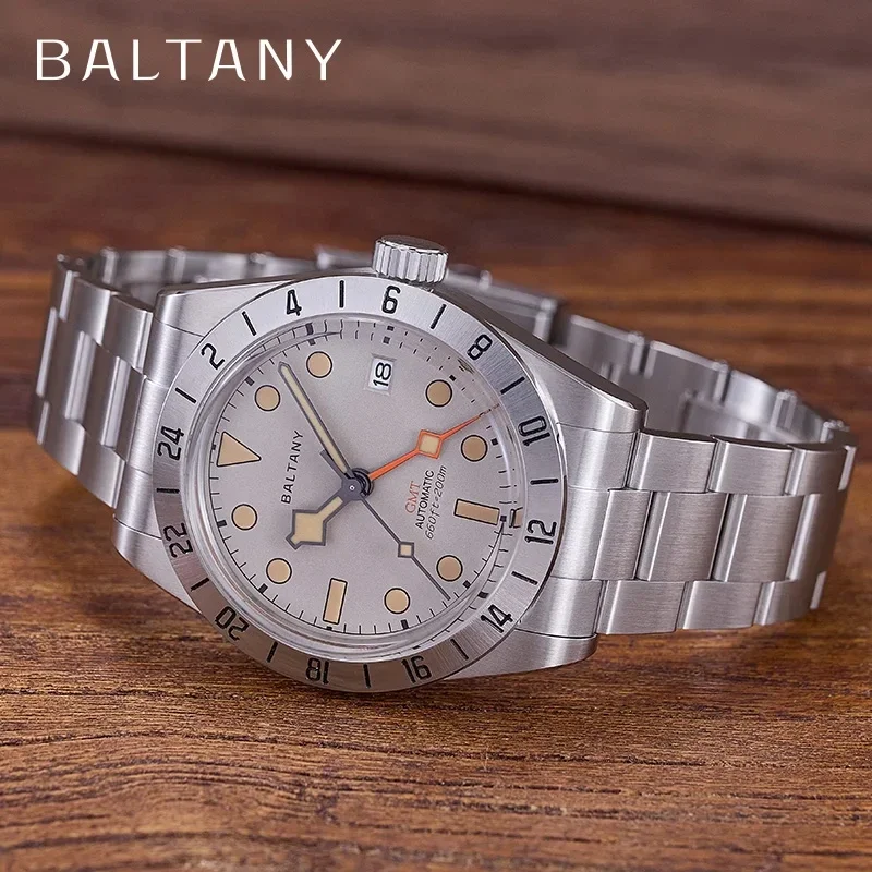 Baltany Vintage Style Automatic Mechanical GMT Wristwatch NH34 Stainless Steel Leather Waterproof Luminous watches for men