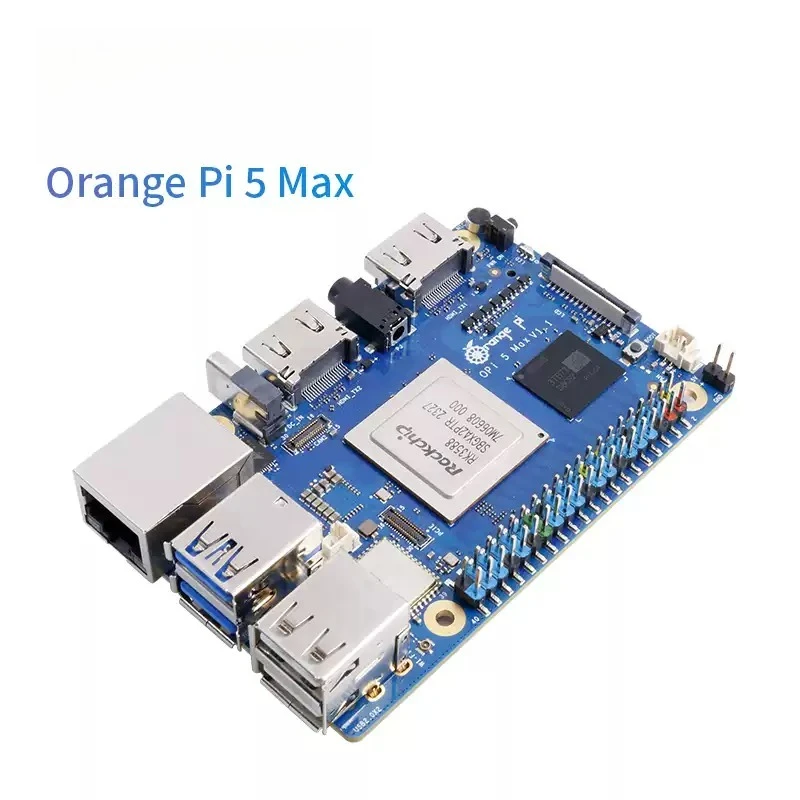 For OrangePi5 MAX, based on RISC-V microprocessor RK3588, features LPDDR5 memory and onboard Wi-Fi and Bluetooth capabilities.