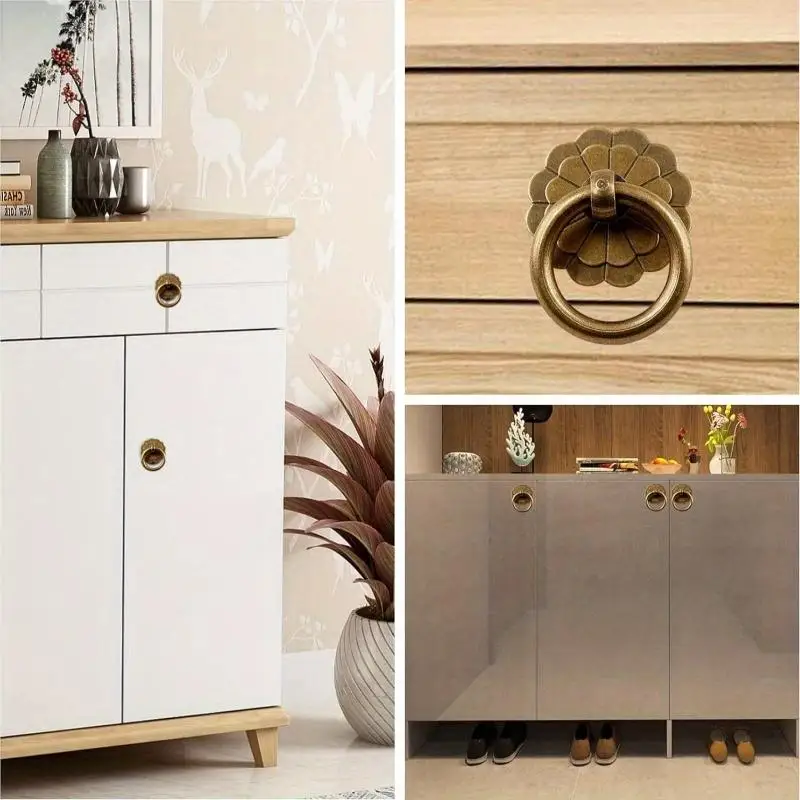 4Pcs Antique Brass Matte Metal Ring Pulls Vintage Cabinet Knobs Handles for Drawer Closet Cupboard Small Metal Ring Style Drawer