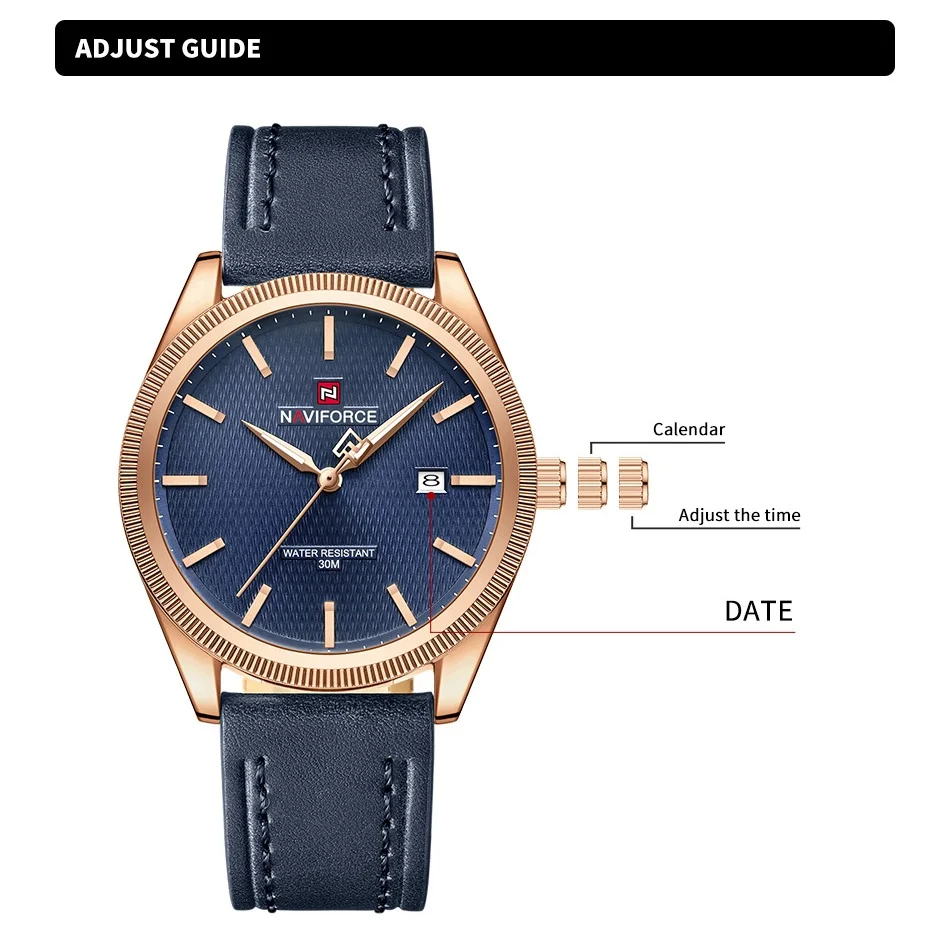 NAVIFORCE Men's Fashion Quartz Watch with Standard Leather Strap 3ATM Waterproof Resistance Luminous Pointer Display Wristwatch
