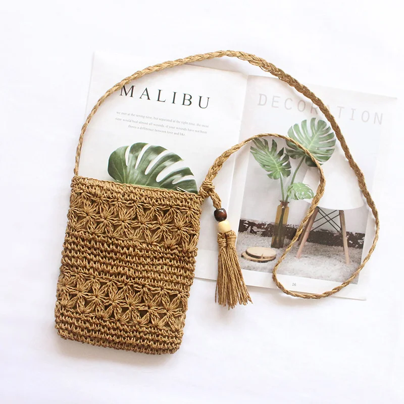 Women Beach Woven Straw Shoulder Bag with Tassel Boho Hollow Out Crochet Crossbody Handbag Macrame Clutch Purse with view 2