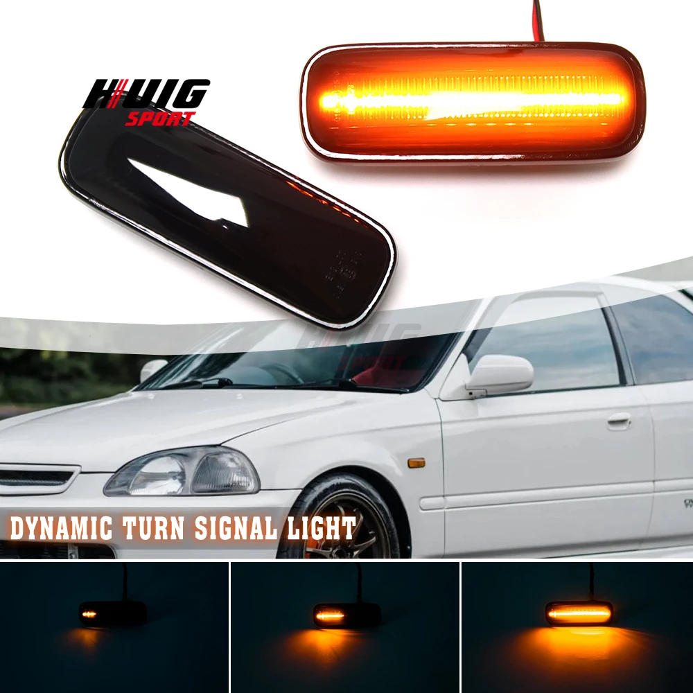 2PCS For Honda Civic 1996–2000 LED Dynamic Side Fender Marker Smoke Amber Turn Signal Light Lens Sequential Lamp Cover Trim