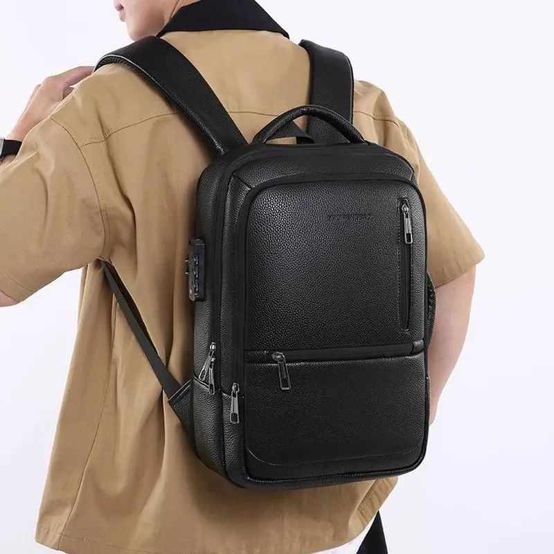 Men's PU leather business backpack, waterproof, large-capacity computer storage, casual travel backpack combination lock