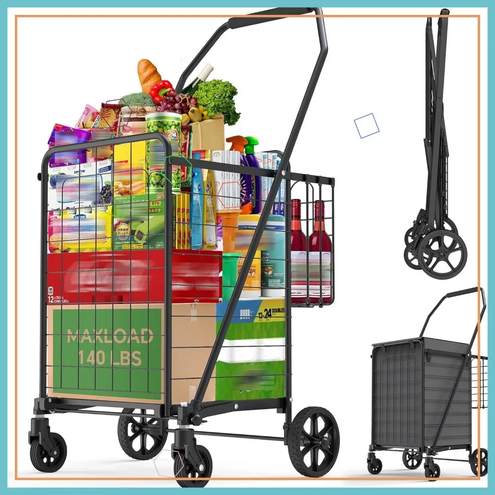 

Portable Folding Shopping Cart with Swivel Wheels, Lightweight Double Basket Trolley for Groceries and Laundry