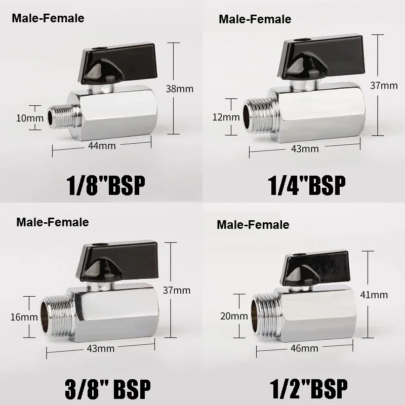 BSP rosca Mini Latão Válvula de Esfera, macho para fêmea Compressor de Ar, Água, Gás, Oil Shut Off Valve, 1/8 \