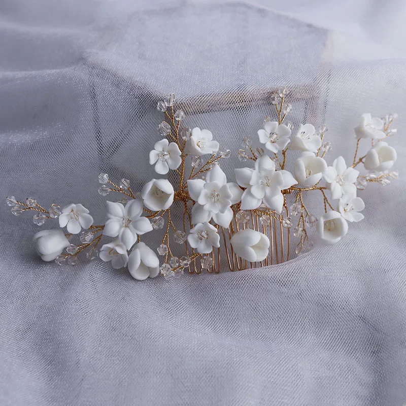 

Handmade White Crystal Ceramic Flower Millet Beads Bridal Hair Comb Wedding Prom Women Hair Accessories Jewelry