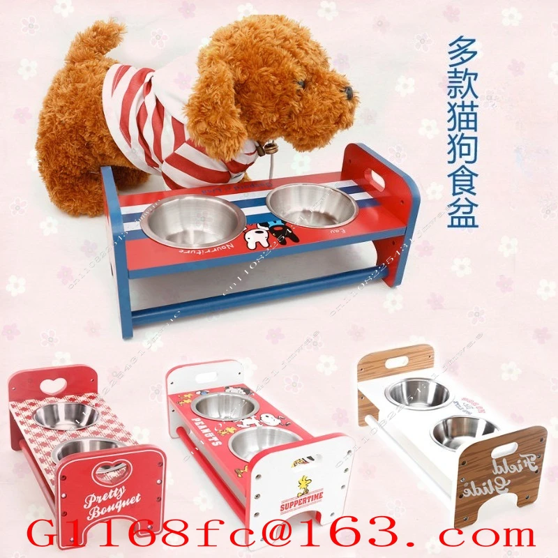 Wooden Frame Pet Bowl Daily Necessities Wooden Stainless Steel Double Bowl