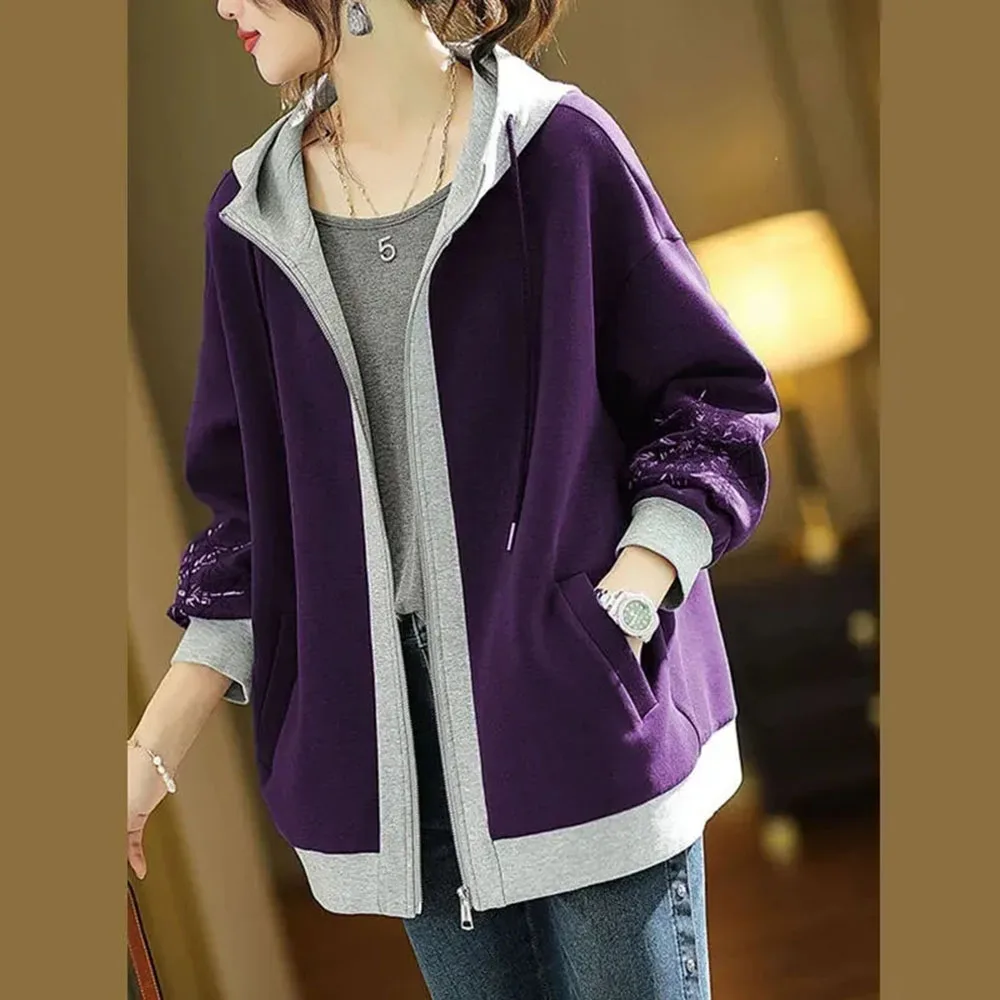 

Contrast Colored Hooded Embroidered Sweatershirt For Women's 2023 Spring New Loose Female Casual Fashion Sportswear Jacket Autum