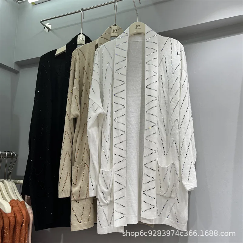 Luxury Women Geometric Pattern Sequined Sweater Coat Spring Autumn Hot Drilling Knitted Cardigan Jacket Lace Up Knitwear Tops
