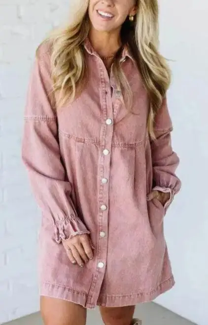 

Spring and Summer New Fashion Classic Washed Old Solid Color Simple Lapel Button Front Loose Long Sleeved Denim Dress