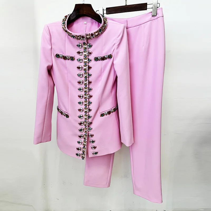 Luxus 2025 Frühling Kristall Hosen Anzüge Zwei Stück Sets frauen Blazer Lange Hosen Rosa Anzug Mäntel Breite Bein Hosen 2 stücke Outfits