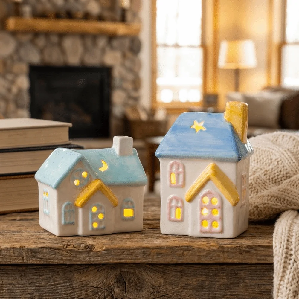Luminous Ceramic House Light LED Decor Ceramics House Atmosphere Light Gift Glowing Small Night Light Festival Decor
