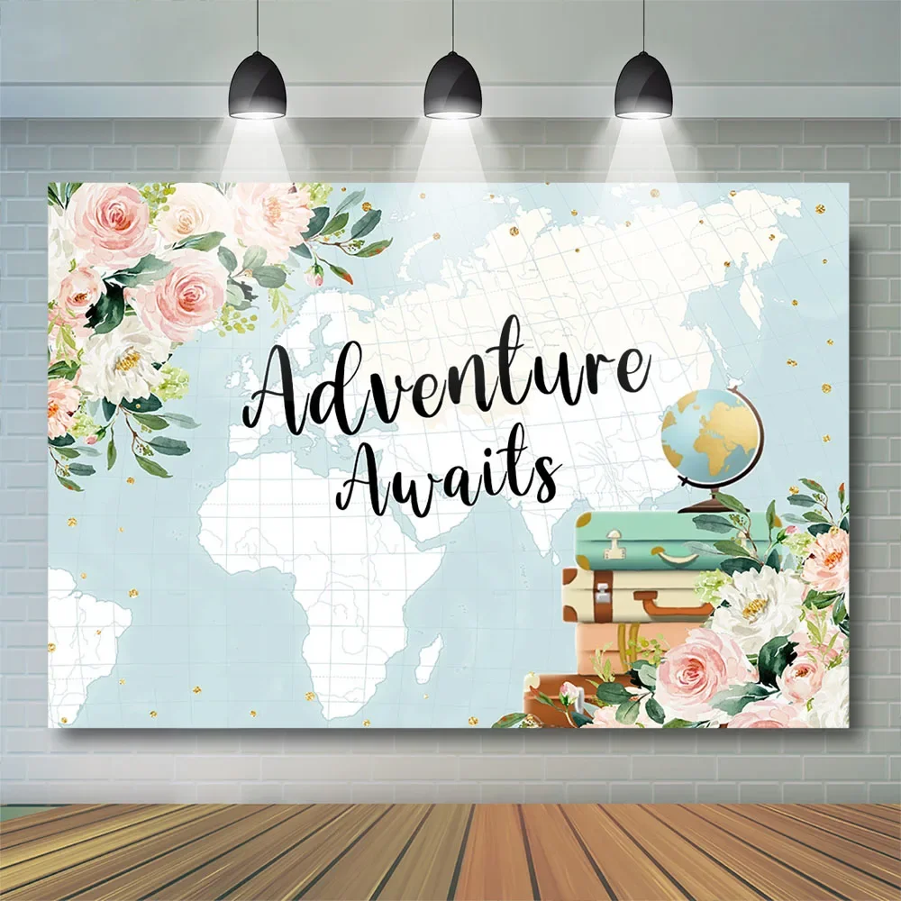 Fondo de fotografía de aventura avión de aire fondo Floral para Baby shower mapa del mundo fondos de fiesta de cumpleaños Banner fotografía Pro