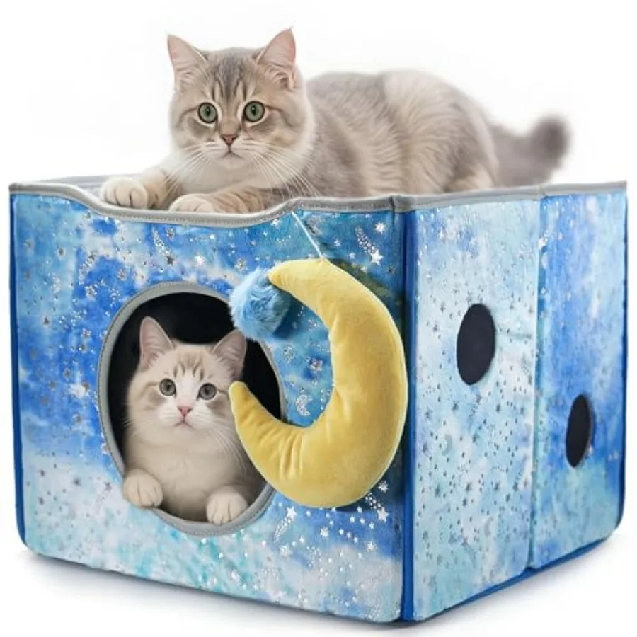 

Interactive Cat Toys for Indoor Cats with Scratch Pad and Peekaboo Holes Star-Shaped Cat House Cave in Soft Pink with Cushion f