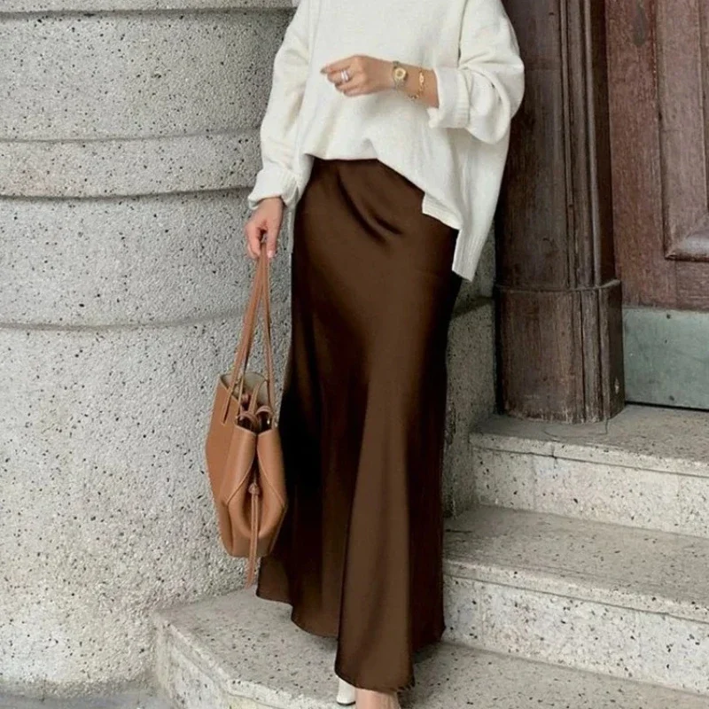 エレガントなシルクスリムソリッドシャンパンブラックカジュアルAラインスカート女性用レディースロングスカートハイウエストサテンサマースカートレディ