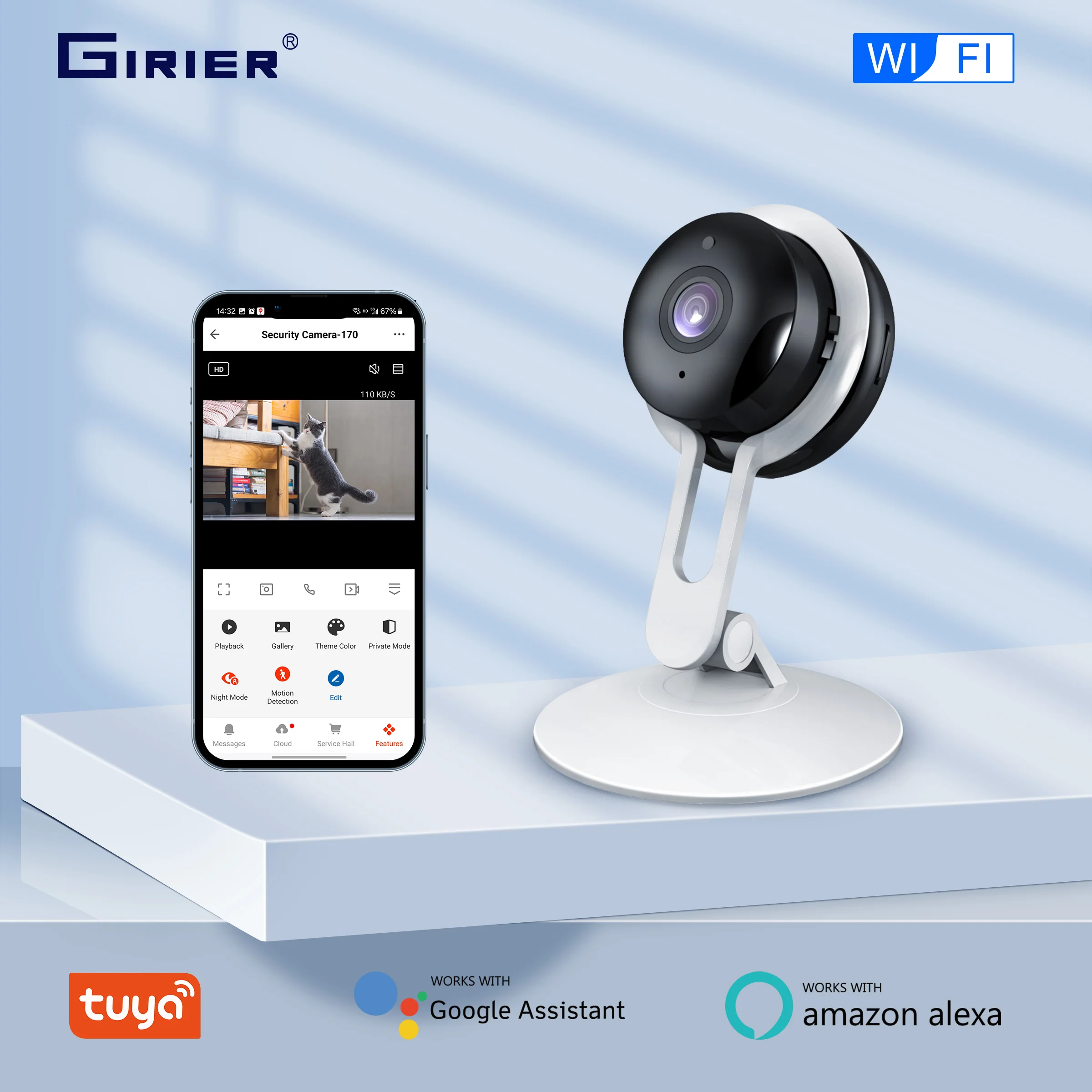 GIRIER Tuya Smart WiFi Security Camera 1080P Indoor IP Camera for Baby Monitor Supports Motion Detection 2-way Talk Works Alexa