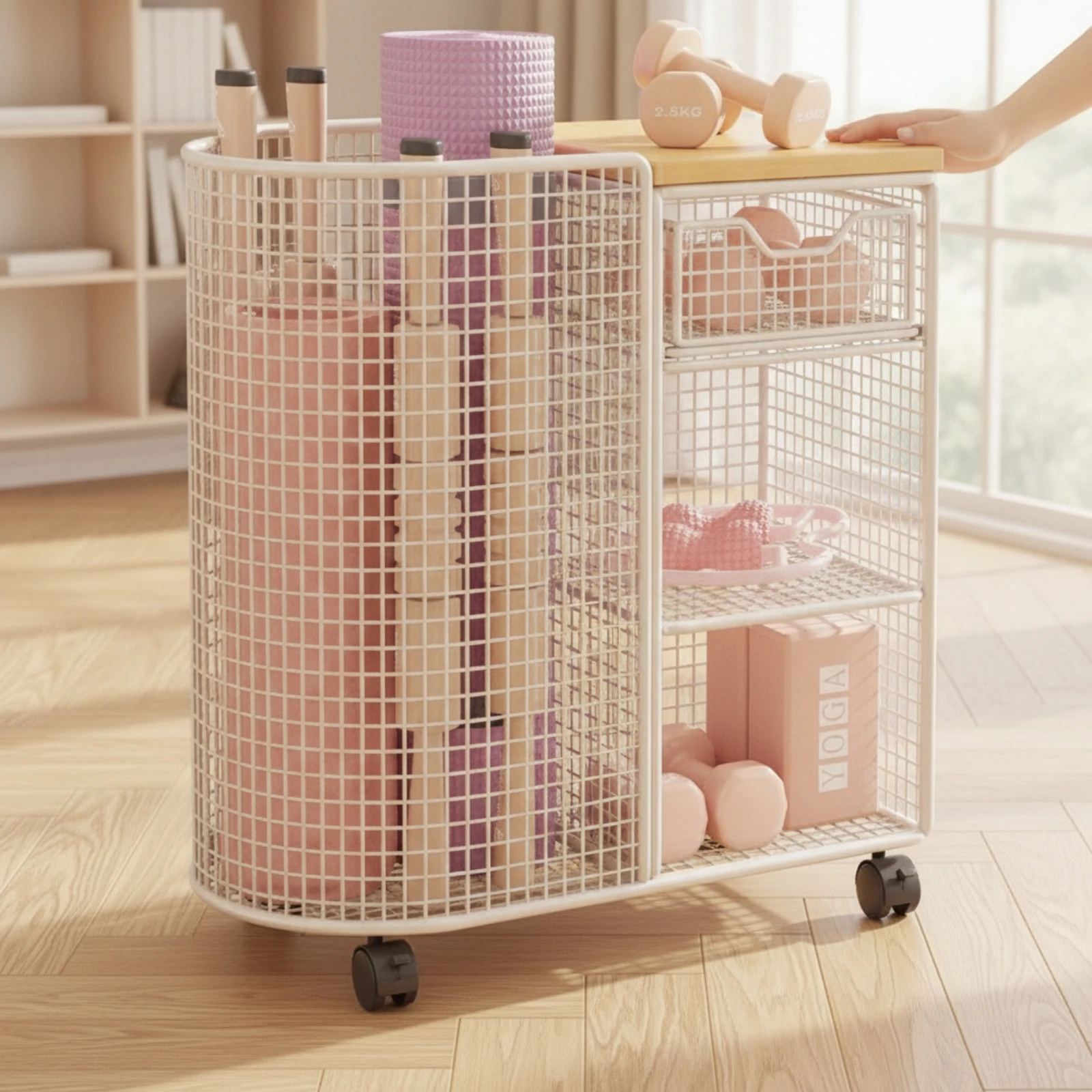 Rolling Storage Cart with Wooden Top Wire-Mesh Sports Equipment Organizer Fitness Mat Holder Floor-Standing for Athletes view 5