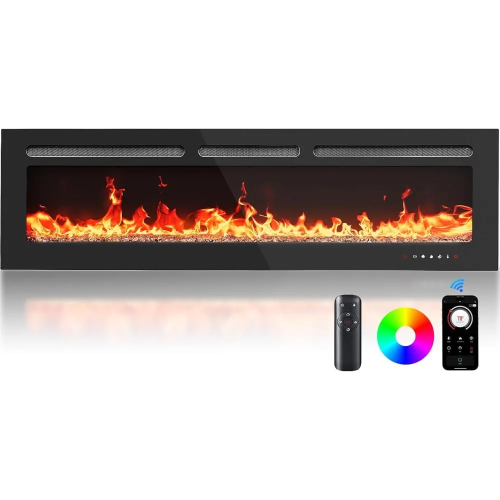 Silonn 60″Smart Electric Fireplace Heater with App & Remote Control, 5300 BTU Heat Output, Ultra-Slim Wall-Mounted or Recessed E