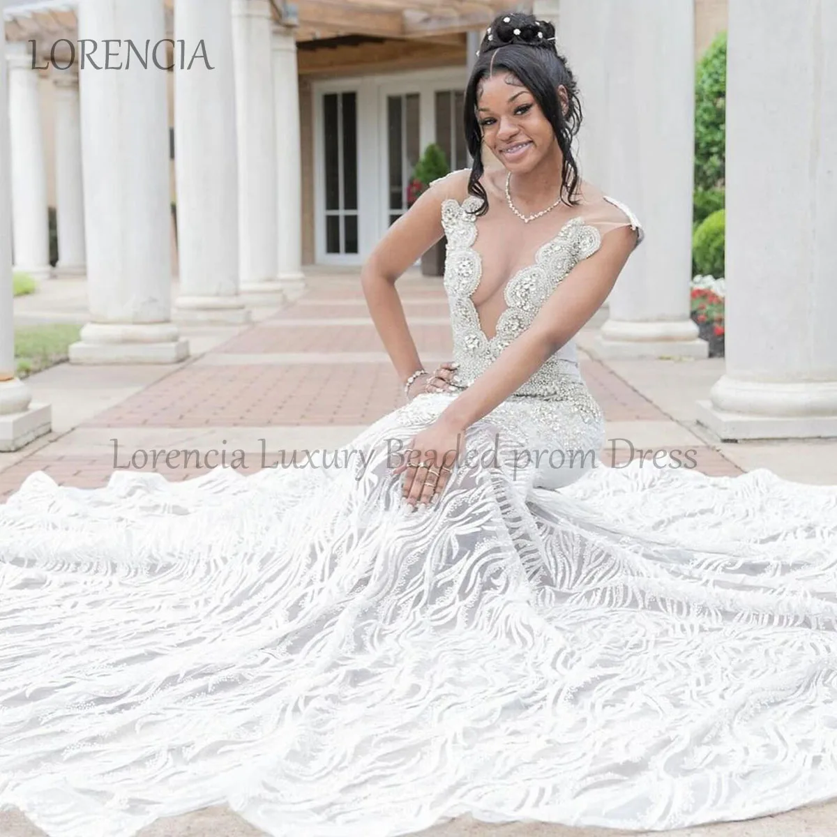 Vestido de fiesta de sirena con diamantes rosas brillantes, vestido de graduación con cuello en V, cuentas de encaje sin mangas, diamantes de imitación, vestido de noche Formal, elegante