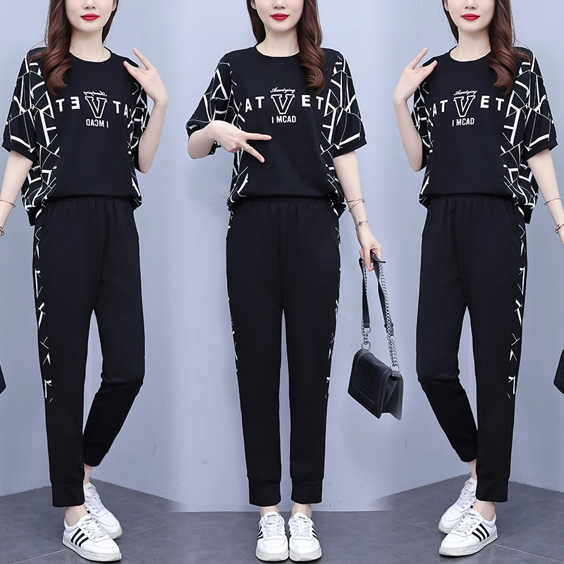 Women Summer Sport Two Piece Set Short Sleeve O Neck Tops And Pants Casual Loose Black Plus Size 4XL Suit Slim Printed Tracksuit