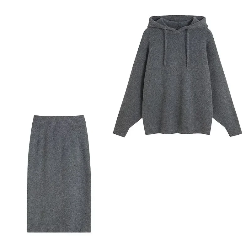 Women Skirt Sets Two Piece Set Knit Hooded Sweaters Pullover Thick Slim Fit High Waist Long Skirts Elegant Lady Winter