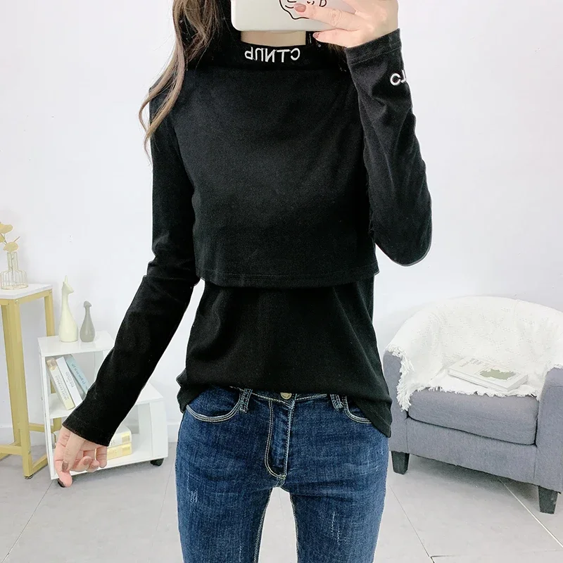 Autumn Clothes for Women Pullovers Sweater Top Long Sleeve Feeding T-Shirt Solid Color Letter Stretch Midneck Maternity Clothing