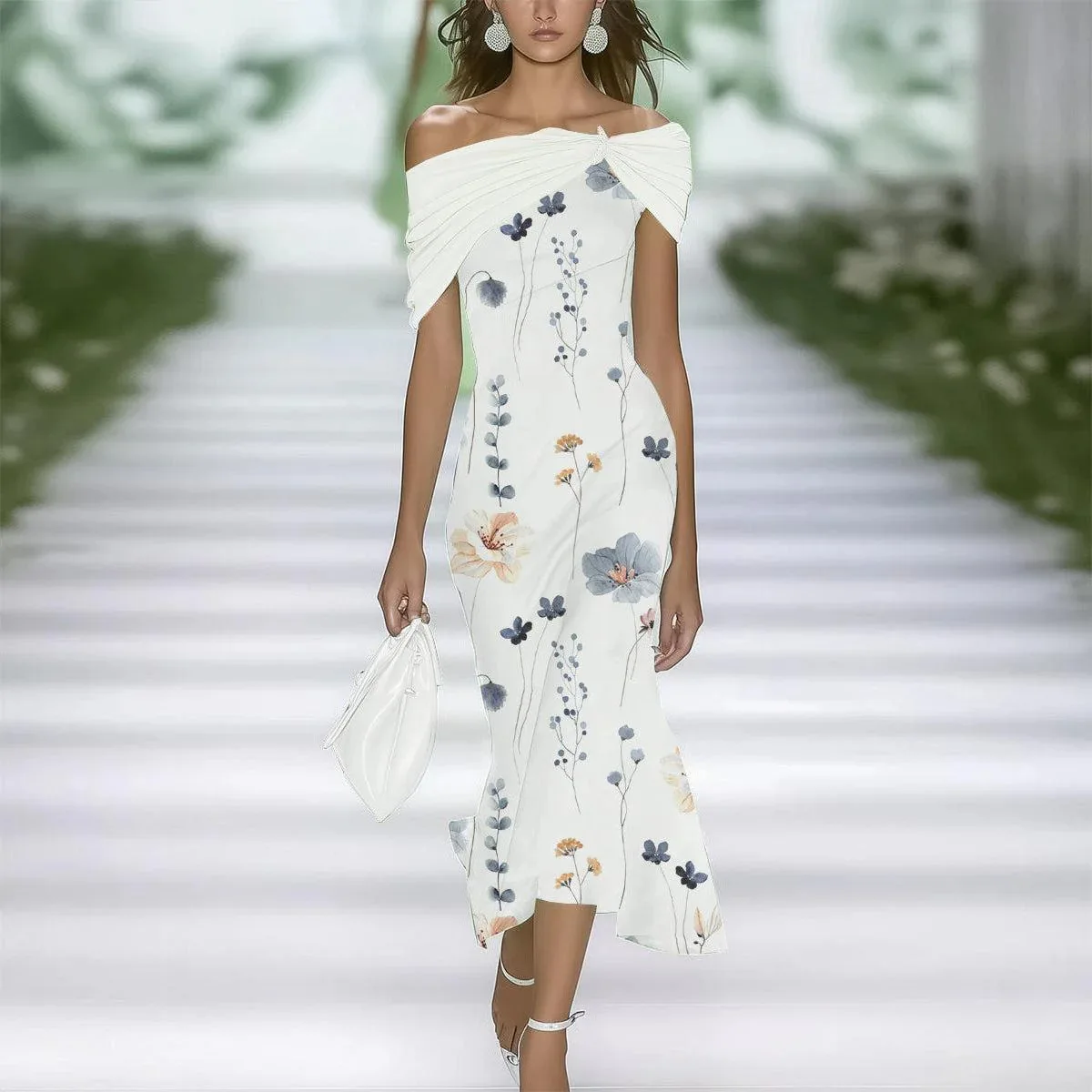 فساتين ماكسي مثيرة للحفلات للنساء لصيف 2025، فستان طويل أنيق بطبعة زهور بدون أكمام وكشكشة