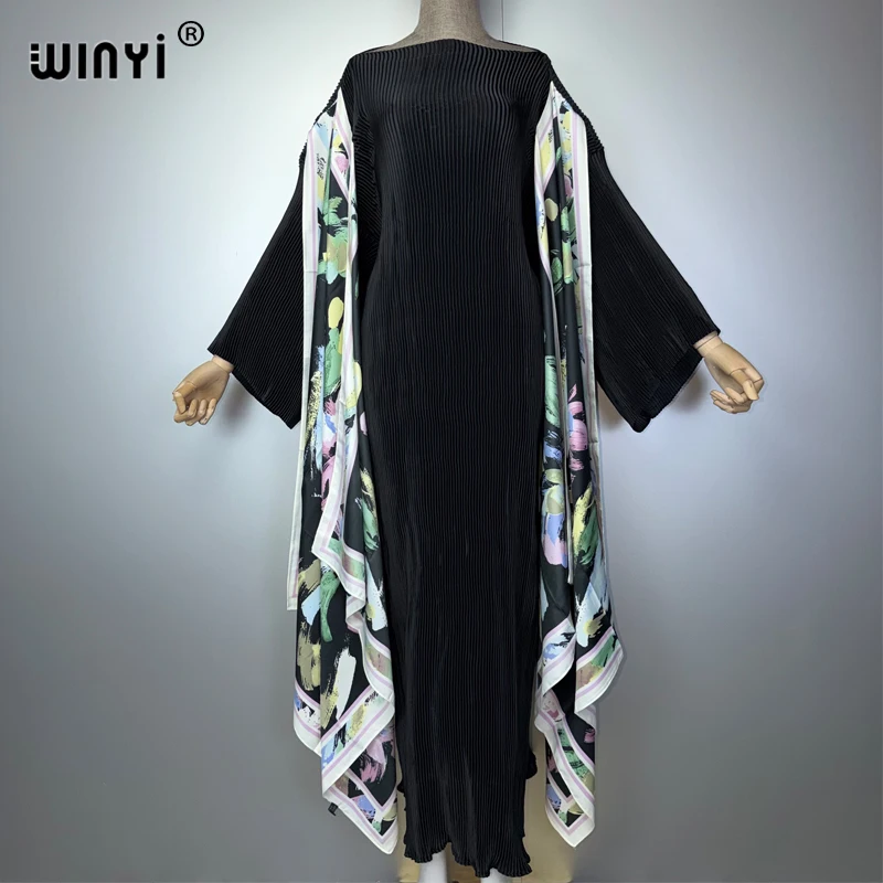 WINYI Slim Fit Pleated Elastic Beach Cover up Kaftan Abaya Muslim Women's Fashion Dress Dubai Luxury Party Eveningwear