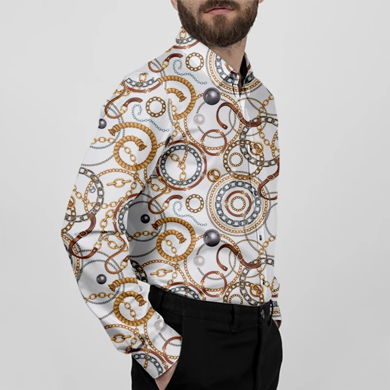 Fashionable gold chain printed men\'s long sleeved button up shirt for spring and autumn, parties and banquets