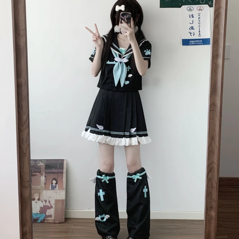 Abito da marinaio autentico giapponese e coreano Abito da gioco di ruolo con ricamo a fiocco estivo a maniche corte in stile college carino