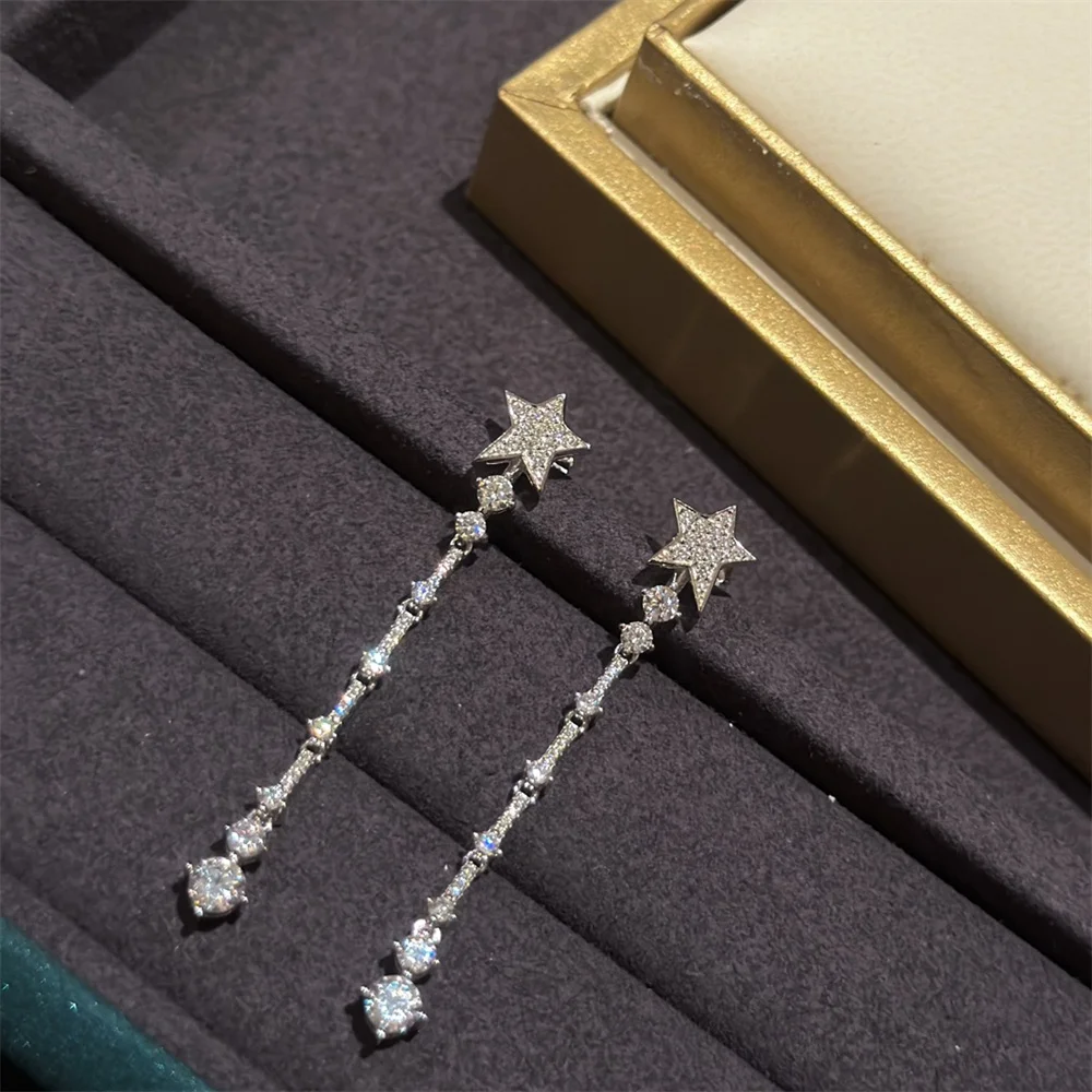 

Star Tassels With Diamond Earrings Sterling Silver Full Diamond Long Earrings Five Pointed 2023 New Earrings