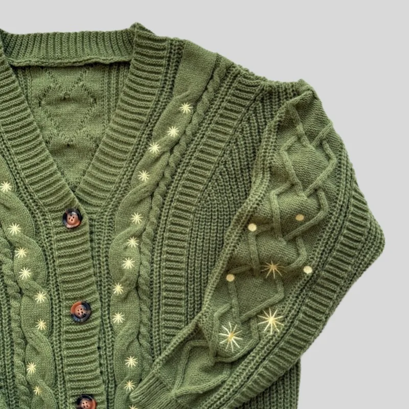 Season Knitted Cardigan Women Seven-pointed Star Embroidery Green Sweater Female Holiday Soft Long Sleeve Cardigans Fashion Tops view 3