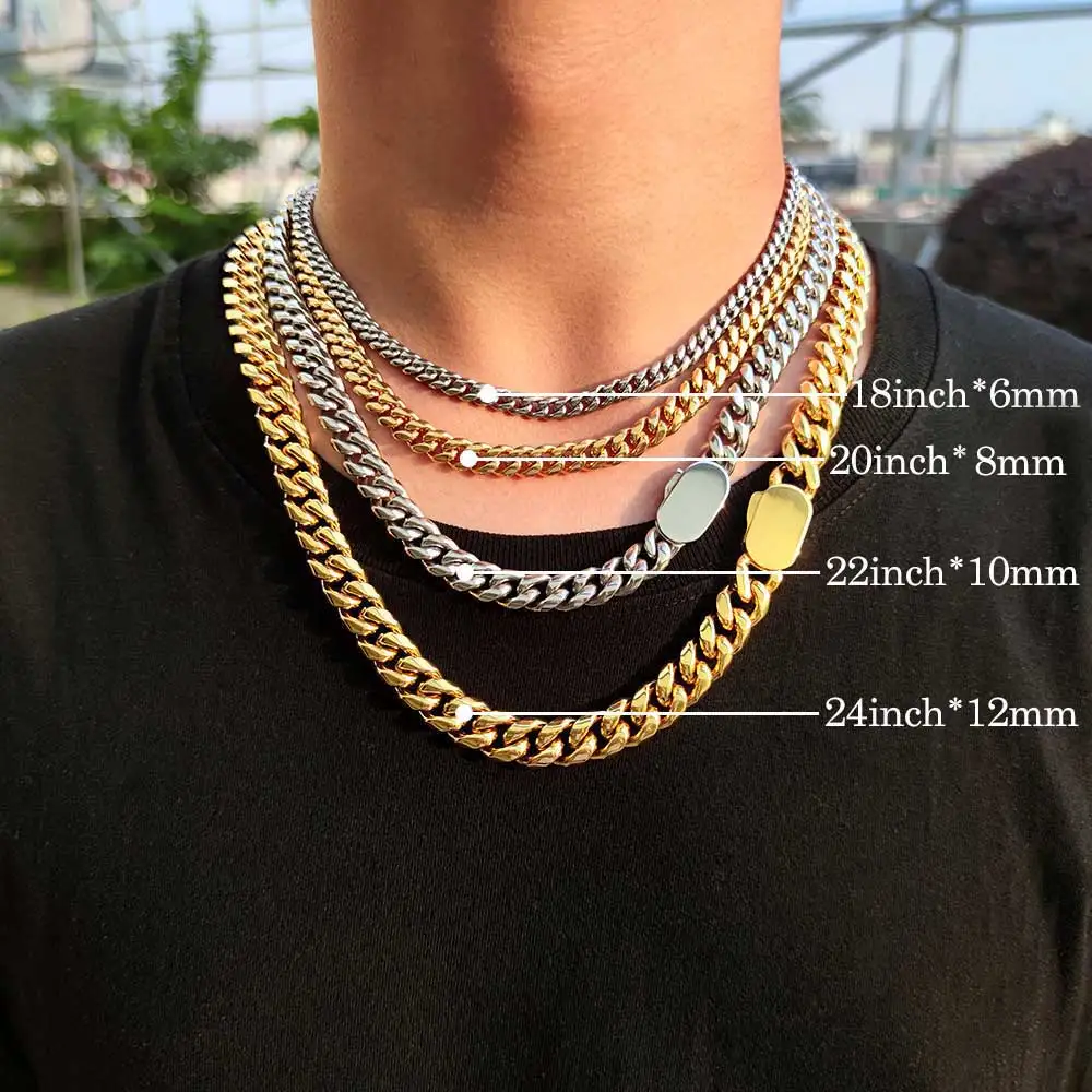 Hip Hop Jewelry 6-12mm Men Chunky Miami Cuban Link Chock Necklace Stainless Steel Gold Plated Chain with Gift Box