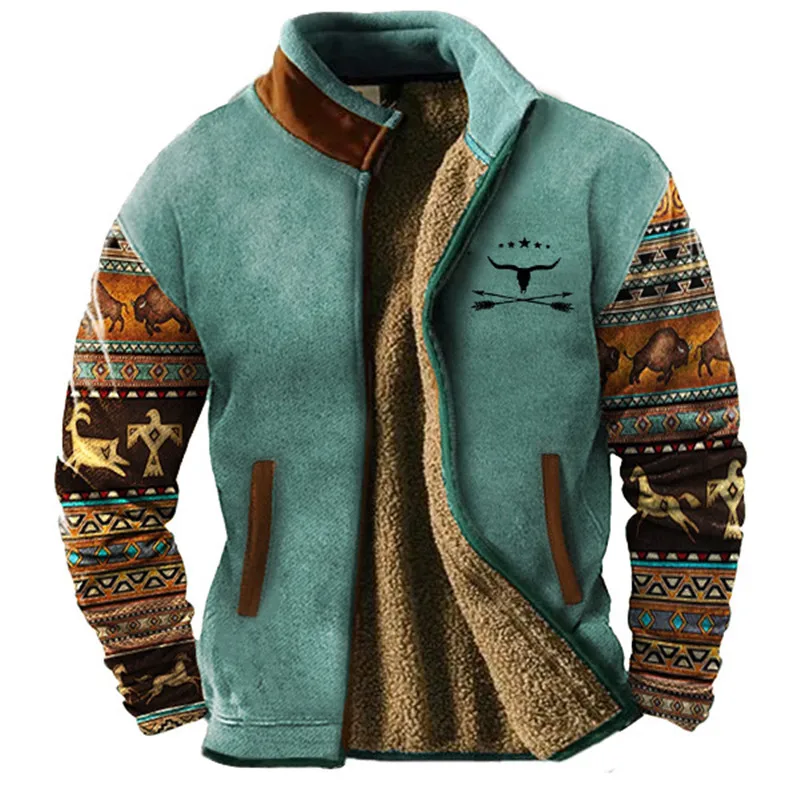 Holiday Warm Coat Blue Brown Standing Collar Wool Winter Design Graphic Tribal Retro Men\'s Everyday Casual Comfort Zippered