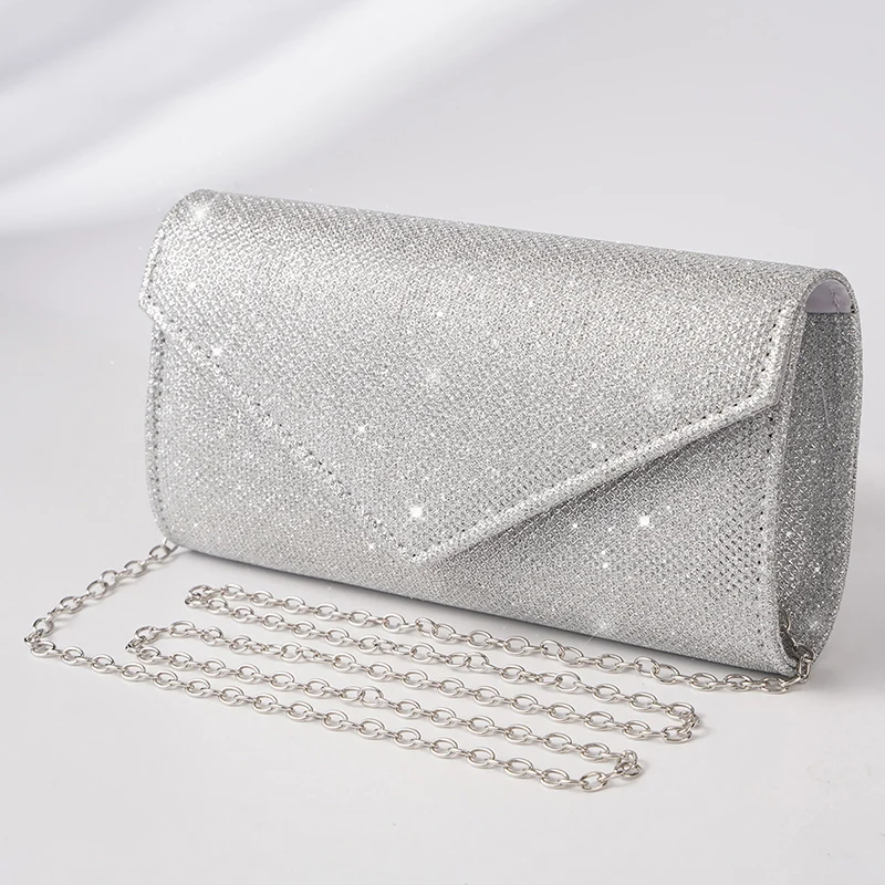 

Women Envelope Evening Bag Glitter Ladies Chain Shoulder Bags Shiny Silver Long Purse Female Wedding Party Clutches Mini Handbag